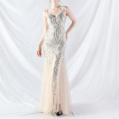 Elegant Sequin V-Neck Mesh Camisole Evening Dress