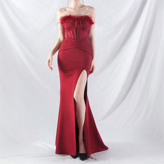 Elegant Feather Boning Corset Satin Evening Dress