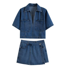 Women Summer Short Denim Shirt Skirt Set