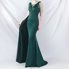 Elegant Satin Folding Beaded Evening Dress