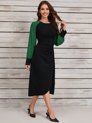 Retro Contrast Color Asymmetric Long Sleeves Dress