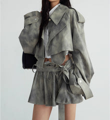 Camouflage Printing Trench Coat Skirt Casual Set