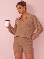 Retro Twist V Neck Loose Pullover Two Piece Knitted Sweater Set