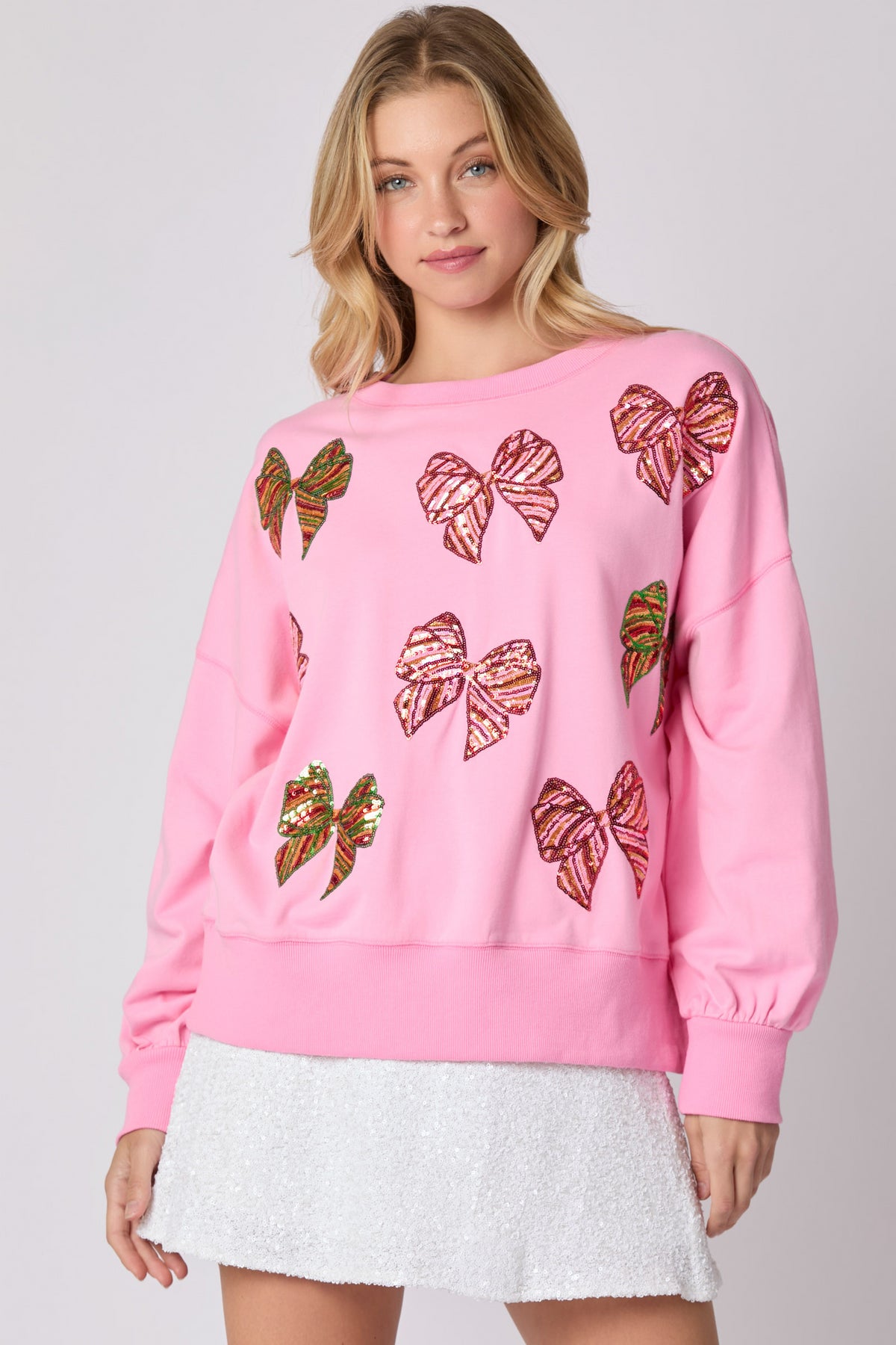 Women Christmas Bow Sequined Long Sleeves Sweater