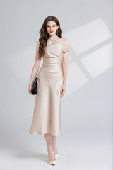 Women Solid Color Satin One Shoulder Party Dress