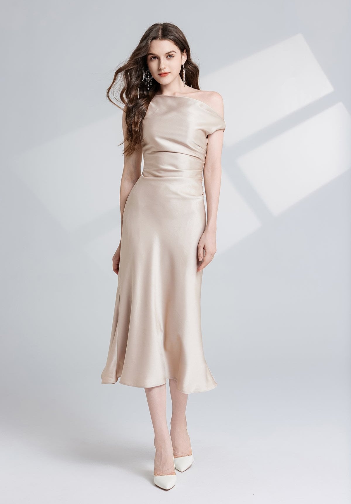 Women Solid Color Satin One Shoulder Party Dress