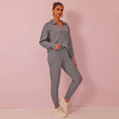 Solid Color Sweater Trousers Knitted Two Piece Set