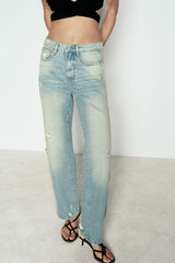 Women Perforated Hole Decoration Mid Waist Straight Jeans