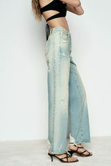 Women Perforated Hole Decoration Mid Waist Straight Jeans