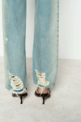 Women Perforated Hole Decoration Mid Waist Straight Jeans