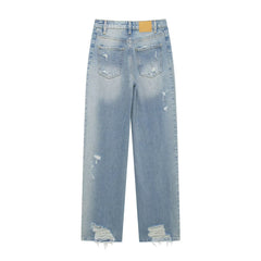 Women Perforated Hole Decoration Mid Waist Straight Jeans