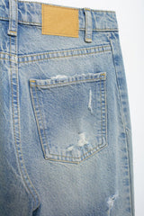 Women Perforated Hole Decoration Mid Waist Straight Jeans