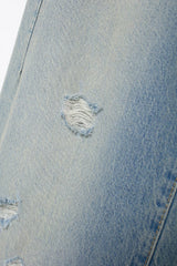 Women Perforated Hole Decoration Mid Waist Straight Jeans