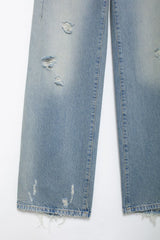 Women Perforated Hole Decoration Mid Waist Straight Jeans