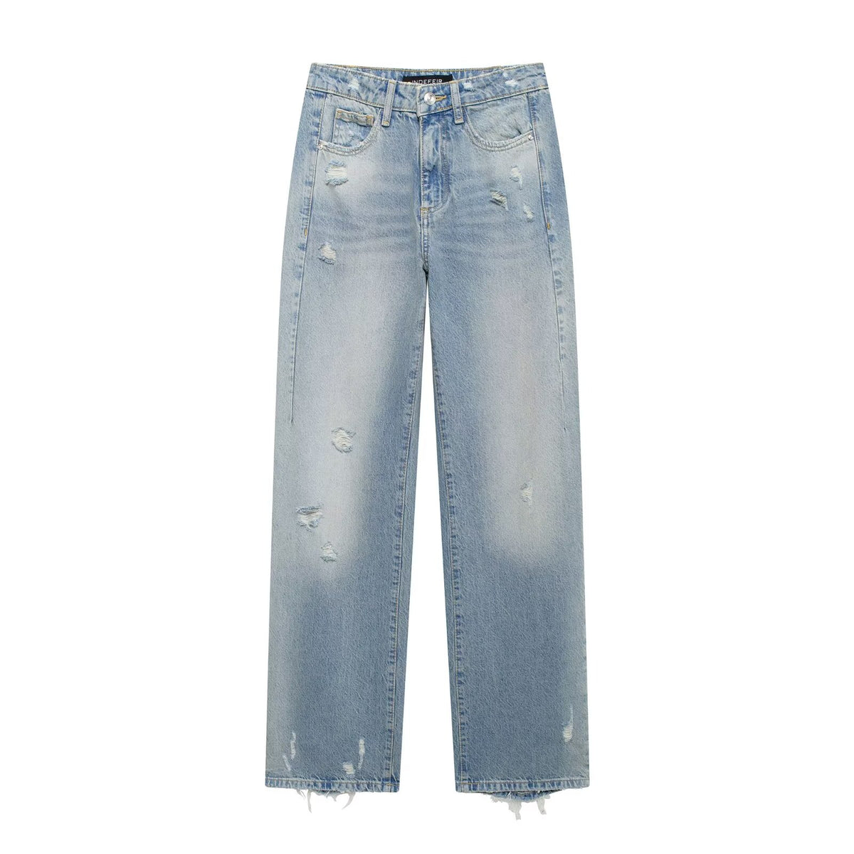 Women Perforated Hole Decoration Mid Waist Straight Jeans