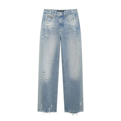 Women Perforated Hole Decoration Mid Waist Straight Jeans