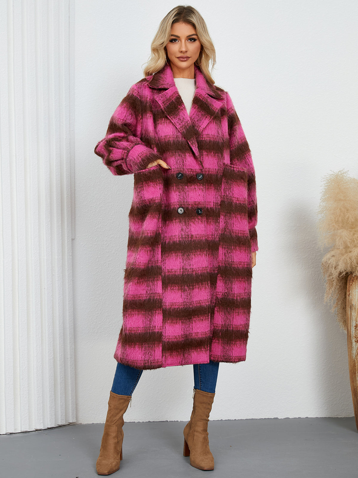 Women Casual Elegant Double Breasted Plaid Woolen Coat