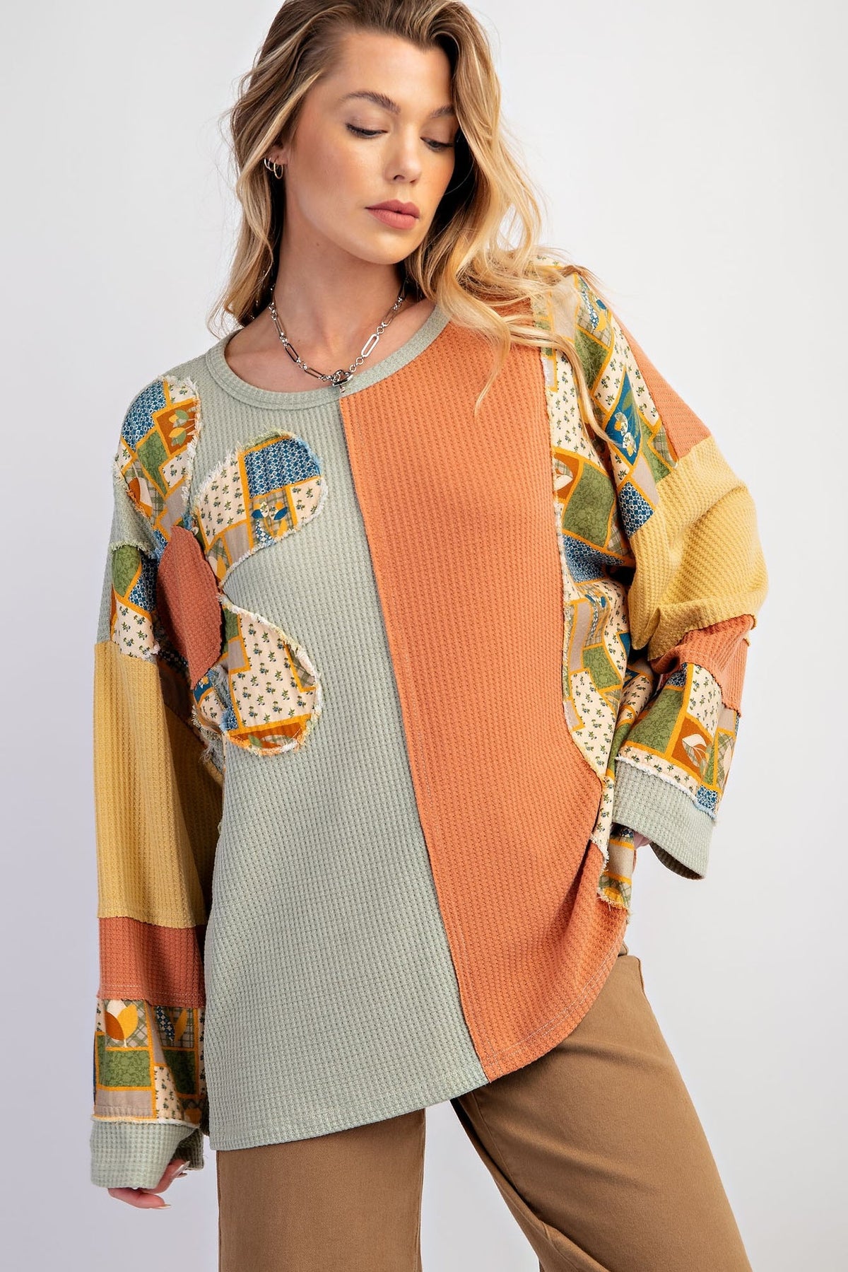 Women Printing Color Block Patchwork Top