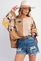 Women Printing Color Block Patchwork Top