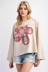 Women Color Blocking Long Sleeve Floral Patch Top