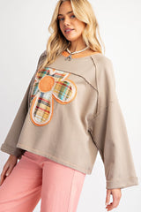 Women Color Blocking Long Sleeve Floral Patch Top