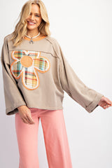 Women Color Blocking Long Sleeve Floral Patch Top