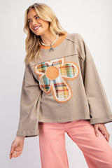 Women Color Blocking Long Sleeve Floral Patch Top