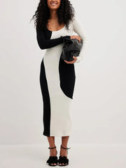 Women Knitted Black White Long Sleeve Sweater Dress