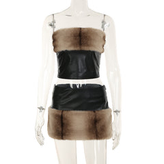 Women Sexy Fur Stitching Faux Leather Short Skirt Two Piece Sets