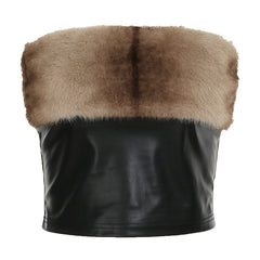 Women Sexy Fur Stitching Faux Leather Short Skirt Two Piece Sets