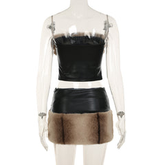 Women Sexy Fur Stitching Faux Leather Short Skirt Two Piece Sets