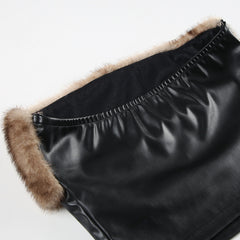 Women Sexy Fur Stitching Faux Leather Short Skirt Two Piece Sets