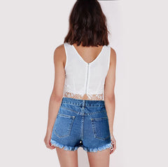 Floral Embroidery Worn Tassels Slim Fit Denim Shorts