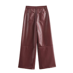 Women High Waist Wide Leg Faux Leather Pants