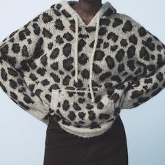 Women Street Hooded Leopard Jacquard Knitted Sweater