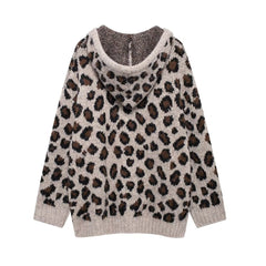 Women Street Hooded Leopard Jacquard Knitted Sweater