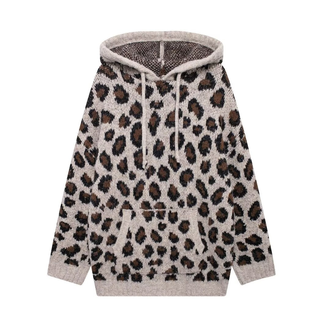 Women Street Hooded Leopard Jacquard Knitted Sweater