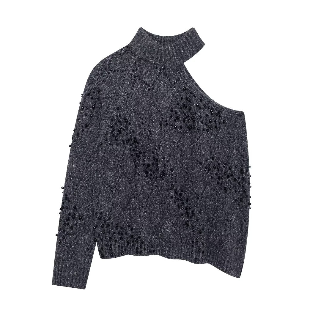 Women Cutout Beaded Knitwear Pullover Sweater