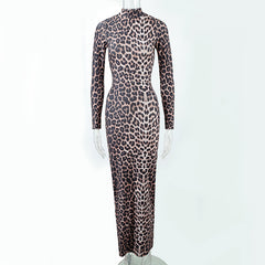 Long Sleeve Leopard Print Stand Collar Formal Dress