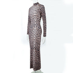 Long Sleeve Leopard Print Stand Collar Formal Dress