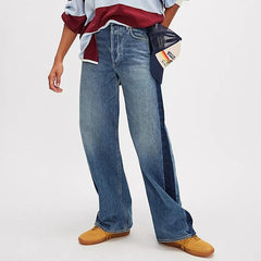 Contrast Color High Waist Washed Straight Jeans