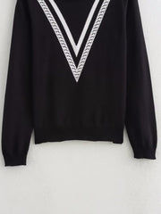 Women Two Contrast Color Long Sleeves Knitted Sweater