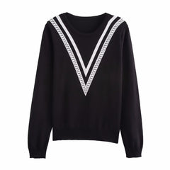 Women Two Contrast Color Long Sleeves Knitted Sweater