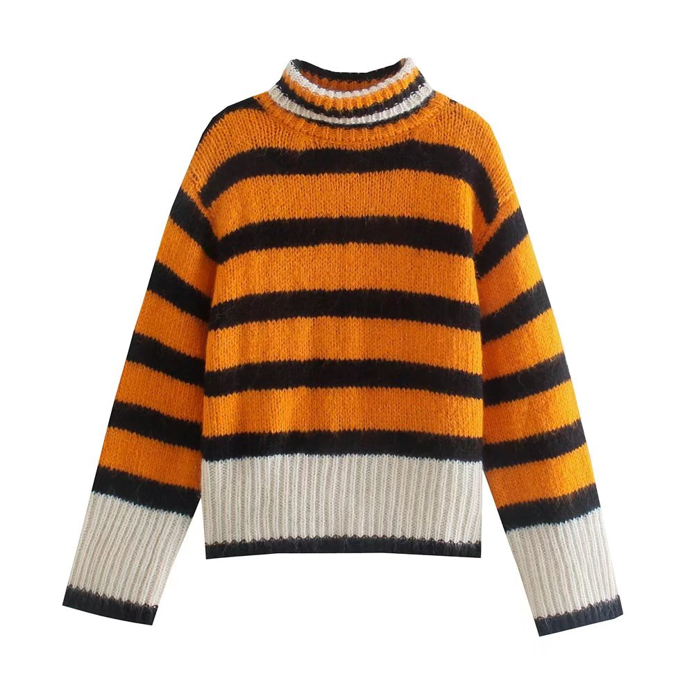 Striped Mock Neck Long Sleeved Sweater