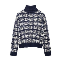 Women High Collar Jacquard Long Sleeved Sweater