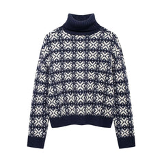 Women High Collar Jacquard Long Sleeved Sweater