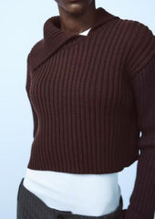 Women Oblique Collared Rib Knitted Sweater