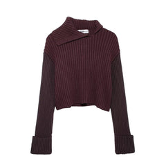 Women Oblique Collared Rib Knitted Sweater