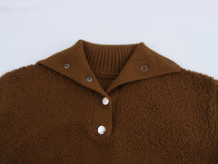 Fall Long Sleeve Pin Loose Collared Half Sweater