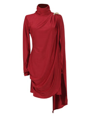 Elegant Stand Collar Pleated Shawl Slim Fit Formal Dress